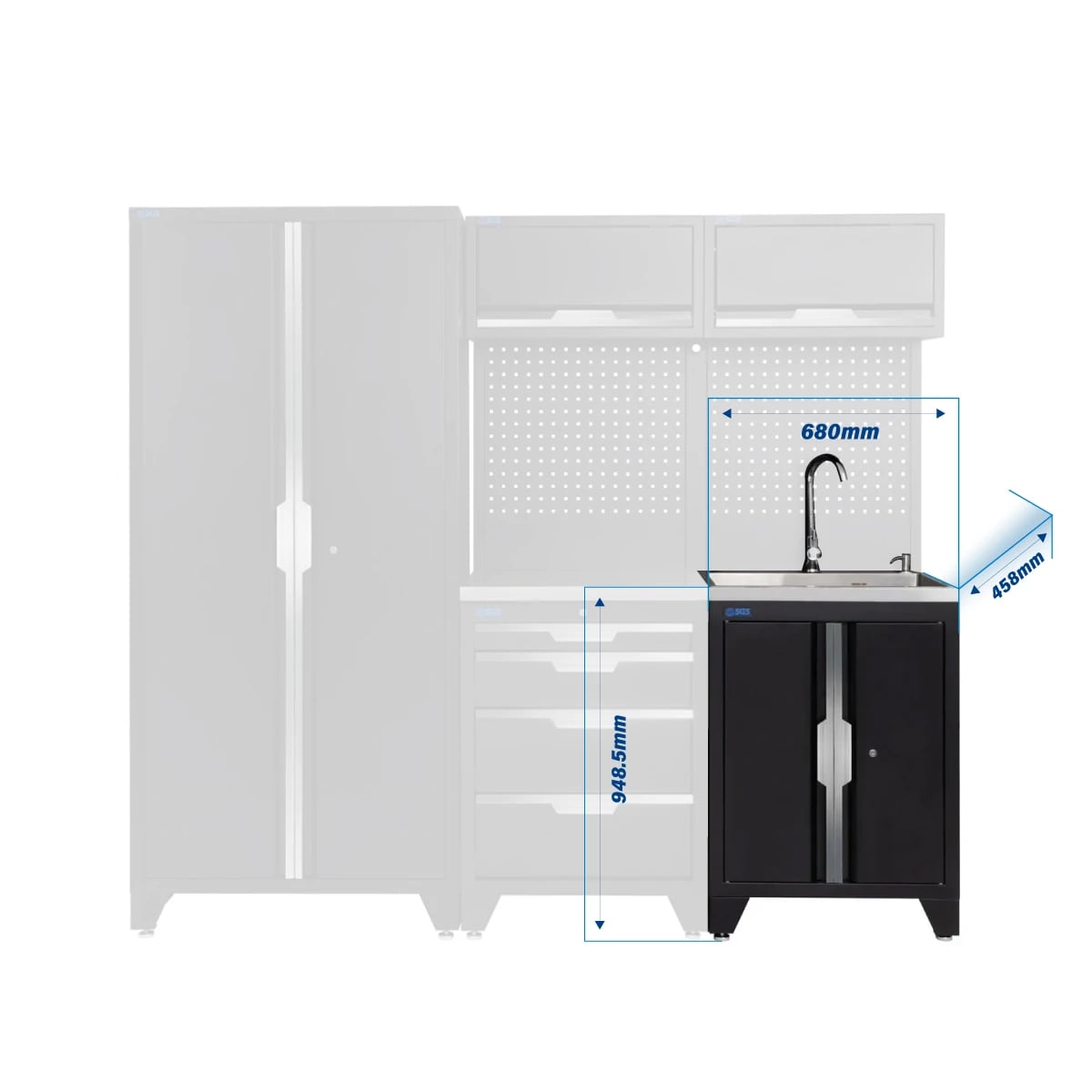 SGS 7pc Garage Storage System | 4 Drawers | Stainless Steel Worktop | Sink Unit | 2x Upper Cabinets | Tall Double Cabinet